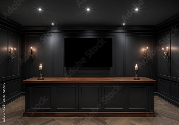 Fototapeta A large black wall with dark gray trim and an ornate wooden entertainment console holding the TV, a small bronze statue of lit candles on each side, and two tall sconces hanging from it. The 