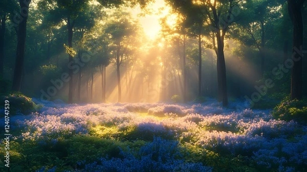 Fototapeta A vast, peaceful forest at sunrise, with rays of light filtering through the tall trees and soft morning mist swirling on the ground.