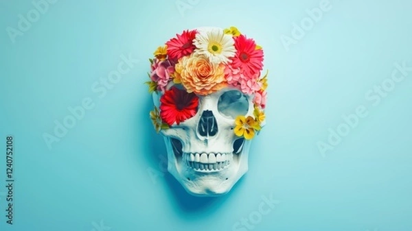 Fototapeta A colorful skull adorned with vibrant flowers against a blue background, creating a striking contrast of life and death.