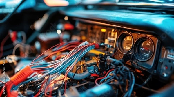 Fototapeta A focused shot of insulated wires with electrical tape, carefully arranged under a car dashboard, in the middle of an automotive repair process.