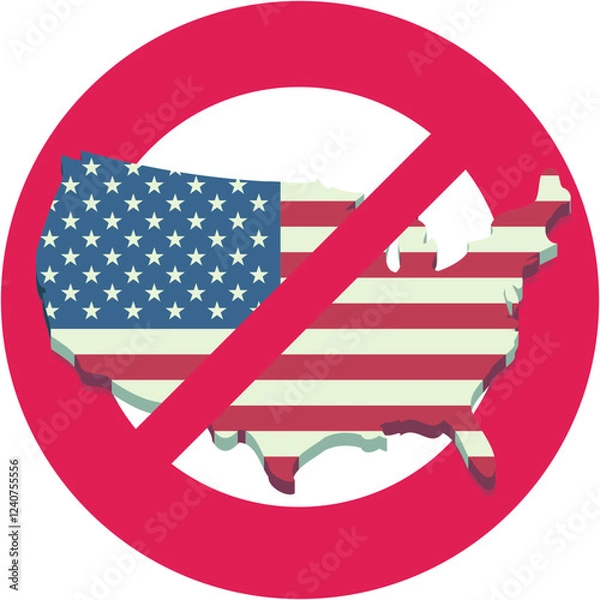 Fototapeta 3D map of the United States in the colors of the American flag with a circular red strikethrough prohibition symbol in flat design style (cut out)