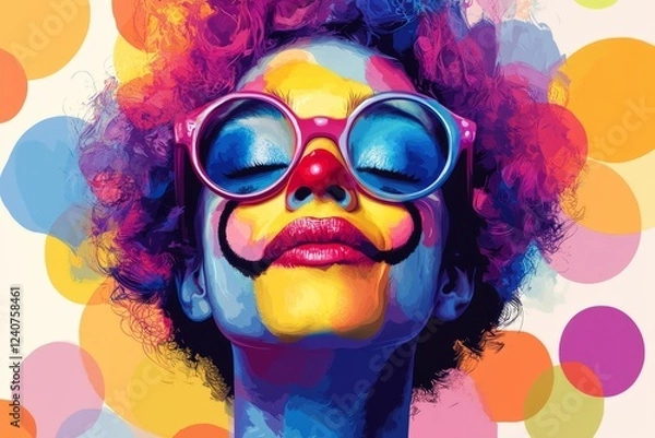 Fototapeta A Vibrant Portrait Of A Person With Clown Makeup, Large Round Glasses, And An Afro, Set Against A Backdrop Of Colorful Circles. It Symbolizes Joy, Individuality, And Self-Expression.