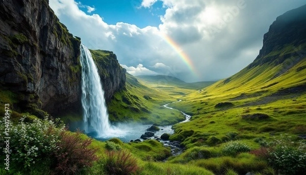 Obraz Majestic Waterfall in Green Valley Landscape with Rainbow