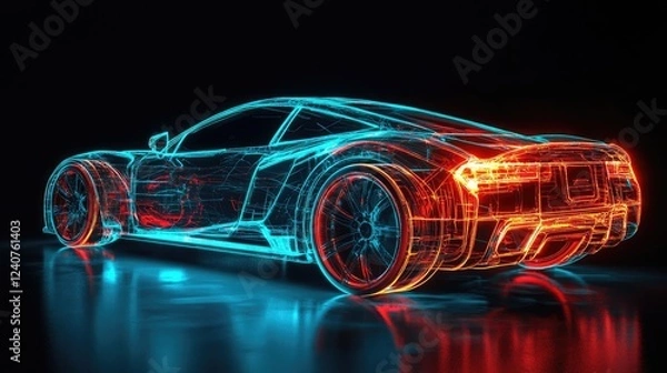 Fototapeta A holographic car design concept glowing against a dark background, showcasing a cutting-edge, futuristic look.
