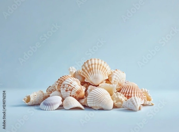 Obraz A pile of seashells on the right side, placed against a light blue background with copy space for text. The shells include various types and sizes, 