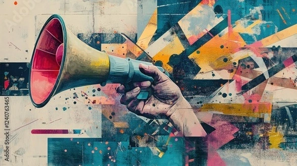 Obraz A modern art collage showcasing a hand holding megaphones, symbolizing the rapid spread of misinformation in an abstract digital world.