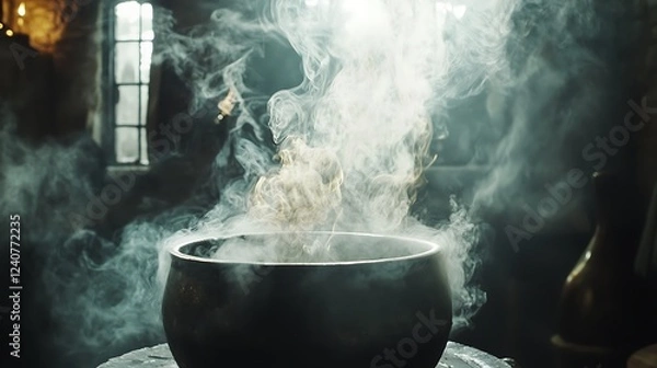 Fototapeta Steaming Cauldron In A Dark Medieval Room