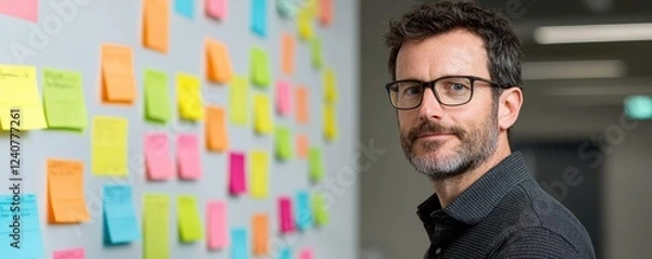 Obraz A thoughtful man with glasses stands beside a wall covered in colorful sticky notes, suggesting brainstorming or project planning.