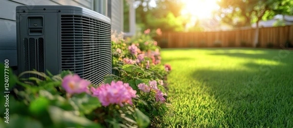 Obraz Air Conditioning Unit in a Sunny Backyard Garden