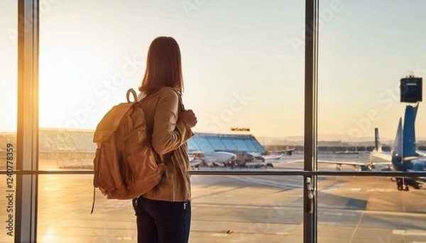 Obraz A young traveler with a backpack standing at an airport terminal, looking at the flight