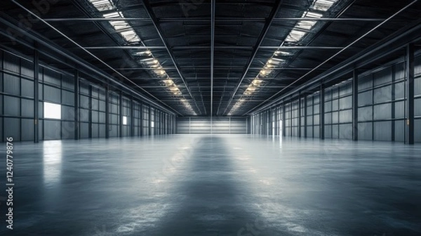 Fototapeta An abstract, empty warehouse with no furniture or objects, featuring a dark, three-dimensional design and dim lighting, creating an industrial feel.