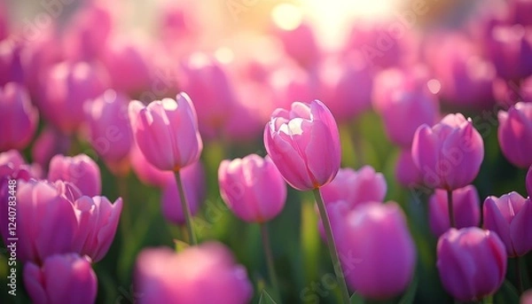Fototapeta Field of Vibrant Pink Tulips in Bloom, Bathed in Soft Sunlight, Selective Focus, Springtime Beauty