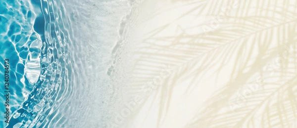 Obraz palm leaf shadow and blue water wave at sand beach from above, empty tropical nature background banner concept with copy space for travel, vacation and relaxation outdoors
