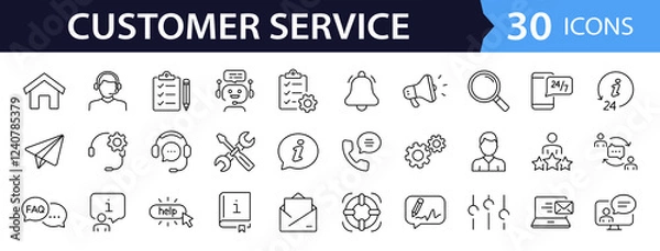 Obraz Customer service set of web icons in line style. Help and support. Support and service icons for web and mobile app. Online help, assistance, customer, 24 hrs, service and more. Vector illustration