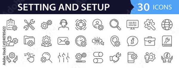 Fototapeta Settings and setup set of web icons in line style. Setup icons for web and mobile app. Settings, installation, maintenance, update, download, configuration, options, control. Vector illustration