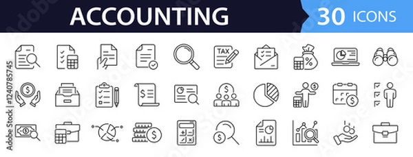 Obraz Accounting set of web icons in line style. Accounting and audit icons for web and mobile app. Containing finance report and audit, invoice, tax return, accounting, auditing, inspection and more.