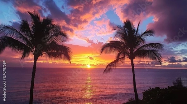 Fototapeta Palm tree silhouettes in front of a breathtaking sunset over the ocean, with the sky painted in warm and rich colors.