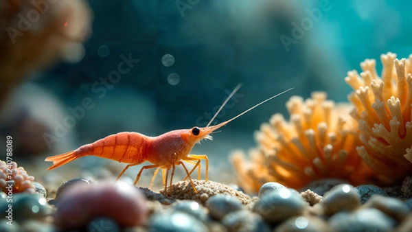Fototapeta A Serene Underwater Haven Highlighting the Interactions of Crystal Red Shrimp with Other Aquatic Species Amidst Colorful Coral and Stones