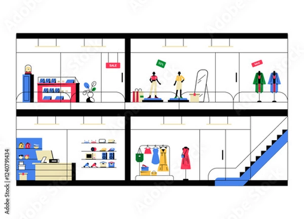 Fototapeta Multi Level Fashion Store With Clothing Displays And Mannequins In Flat Vector Illustration Symbolizing Retail Shopping, Fashion Merchandising, And Store Layout, Isolated On White Background