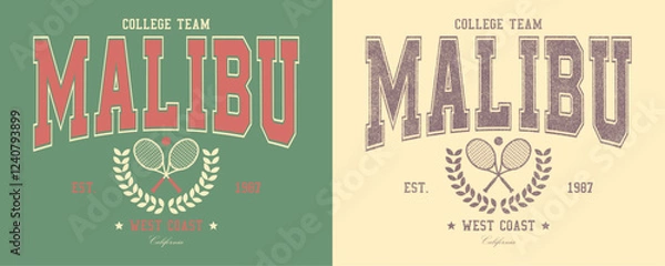 Fototapeta Malibu, college team, West Coast, California, retro college varsity typographic vector graphic.
