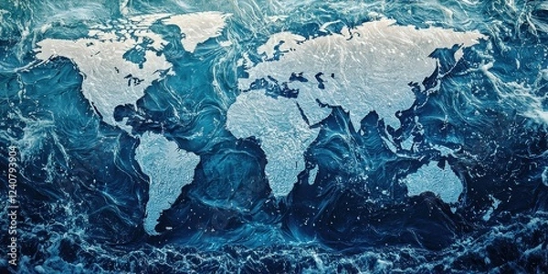Fototapeta World water day with awareness and supply idea. World map overlaid on a vibrant ocean background.