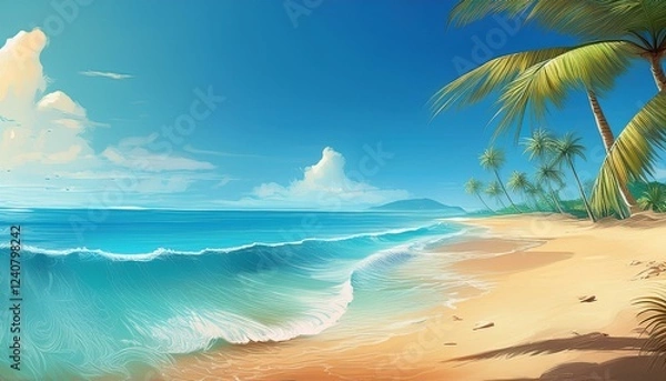 Fototapeta panorama banner of idyllic tropical beach with palm tree views of the ocean from a beach digital art generative ai