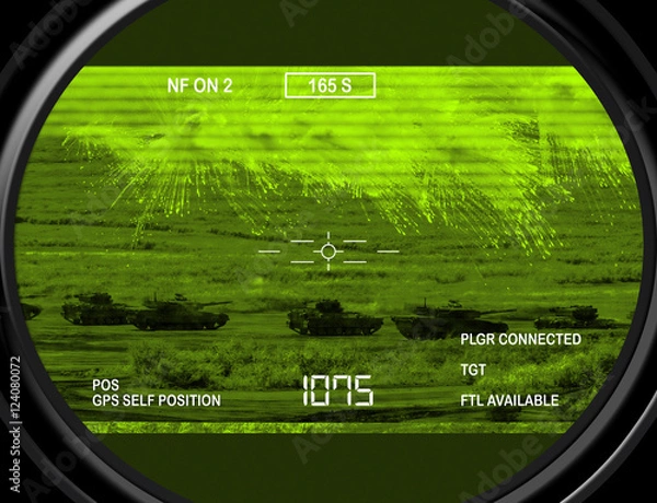 Fototapeta Thermal gun sight image aimed a platoon of tanks launching countermeasures. Computer Illustration.