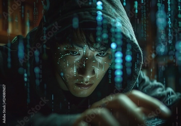 Fototapeta Hacker in Hooded Jacket Using Laptop Surrounded by Digital Code Lights
