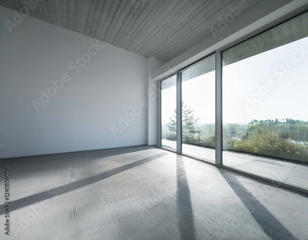Fototapeta wide angle view of bright minimalist room with soft natural lighting and concrete floor