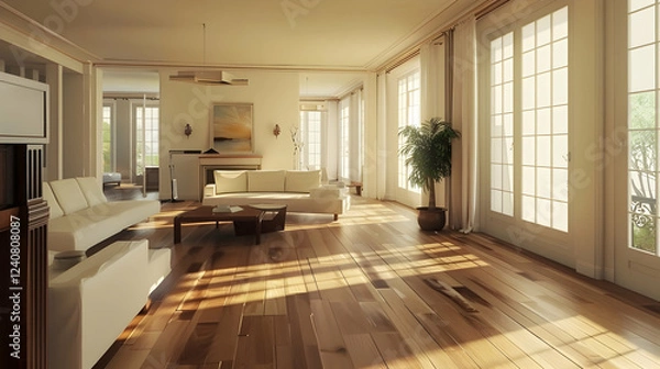 Obraz Bright and airy modern living room with wooden floors and large windows, showcasing a serene atmosphere