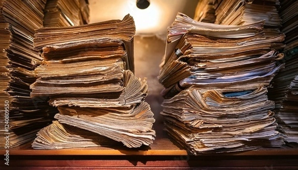 Fototapeta a large stack of aged papers showing signs of wear and time illustrates concepts of history archives and the passage of time