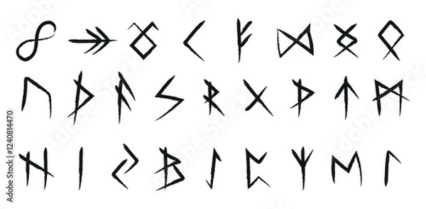 Fototapeta Set of Illustrated Line Art Nordic Runes. Collection of Onyx Carved Nordic Runes