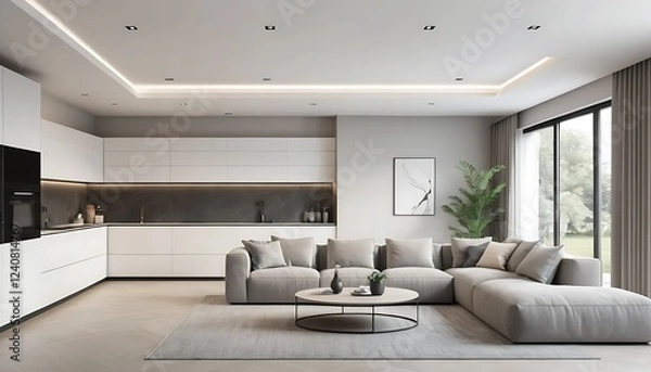 Fototapeta A luxurious and minimalist home interior featuring a spacious open-plan kitchen and living area, complemented by a blank accent wall. 3D Rendering.
