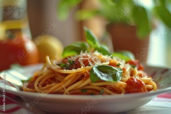 Fototapeta Close up of spaghetti with tomato sauce, basil leaves, and grated cheese, creating an inviting image of italian cuisine