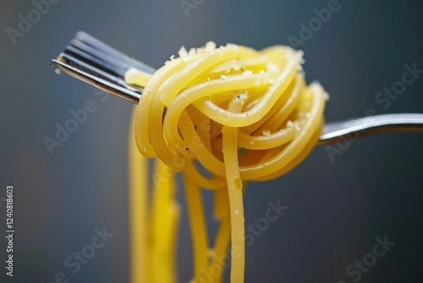 Fototapeta Delicious spaghetti seasoned with grated cheese and pepper, twirled on a fork against a blurred background