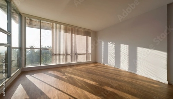 Fototapeta minimalist corner room with large window and soft light shadows