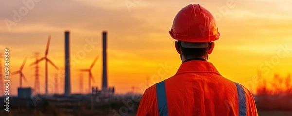 Obraz A worker in an orange safety suit observes a sunset backdrop featuring wind turbines and smokestacks, highlighting renewable energy and industrial contrast.