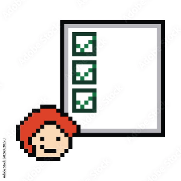 Fototapeta Cartoon cute pixel cartoon 8bit character business man smart work check list feedback decoration business 8 bit male to do character office work game check list png vector.