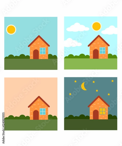 Obraz Identifying four different times for kids (morning, afternoon, evening and night),  four different times scenes background with house 