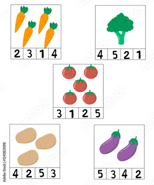 Fototapeta How many worksheet for kids, counting activity for kids, how many vegetables, vegetables worksheet for kids