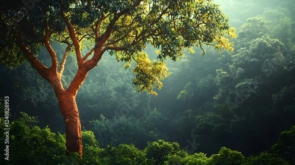 Obraz A Serene Cinnamon Tree in the Heart of a Lush Tropical Forest in Sri Lanka Emphasizing Biodiversity and Traditional Practices