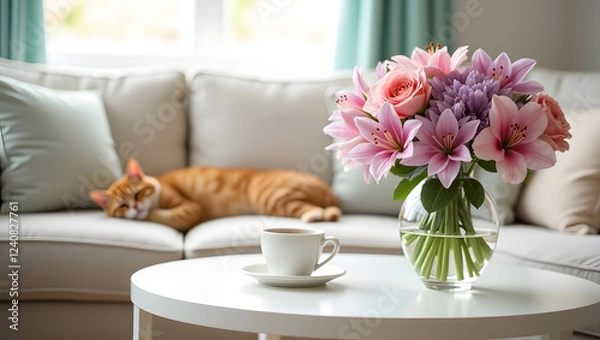 Fototapeta A cute orange kitten sleeps lazy on the sofa