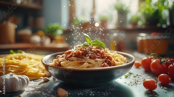 Fototapeta A Vibrant Display of Homemade Tagliatelle Bolognese Amidst Fresh Ingredients and a Cozy Kitchen Environment