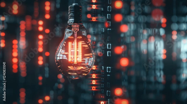 Fototapeta glowing light bulb surrounded by digital binary code, symbolizing technology and innovation. vibrant colors create futuristic atmosphere