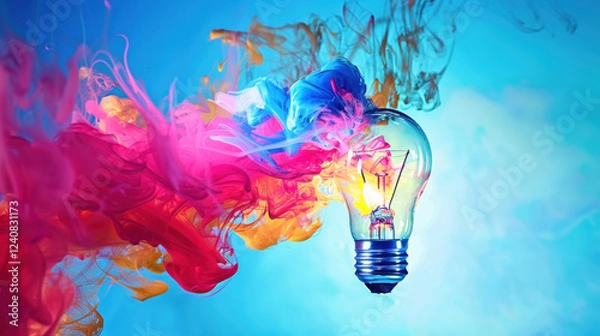 Obraz vibrant light bulb surrounded by colorful smoke swirls in blue background, symbolizing creativity and inspiration. dynamic colors evoke sense of energy and imagination