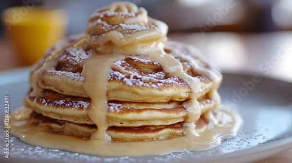 Fototapeta Gourmet Cinnamon Roll Pancakes Ã» Heavenly pancakes swirled with luscious cinnamon sugar and finished with a rich icing for the perfect brunch delight