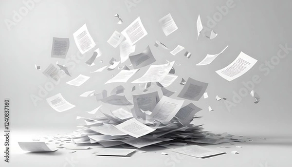 Fototapeta A dynamic scene of floating white papers with printed text, scattered mid-air against a pristine white backdrop, symbolizing paperwork overload and stress. 3D Rendering.
