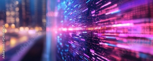 Obraz A vibrant, abstract representation of digital data flow, showcasing bright colors against a blurred urban backdrop, suggesting speed and technology.