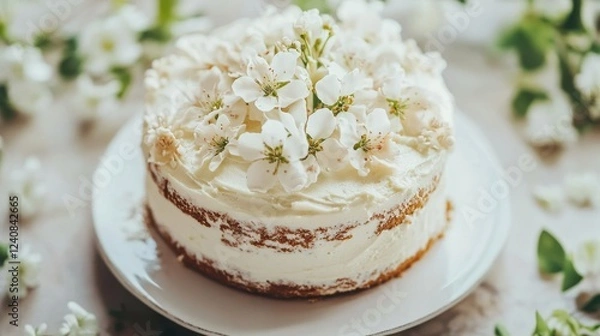 Fototapeta Elegant Spring Cake: Delicate White Cake Adorned with Blossoms