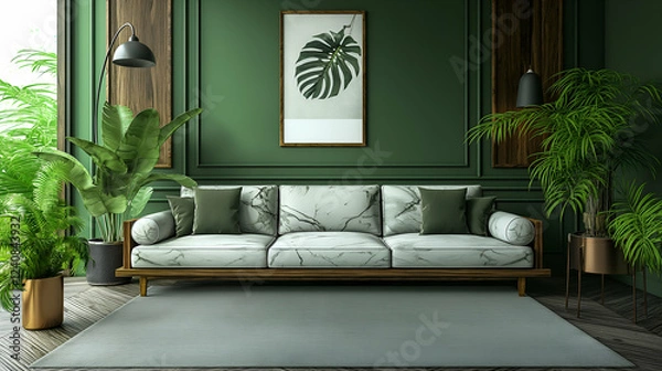 Fototapeta Elegant Green Living Room Modern Sofa and Marble, Cozy Plant Decor for Stylish Homes.